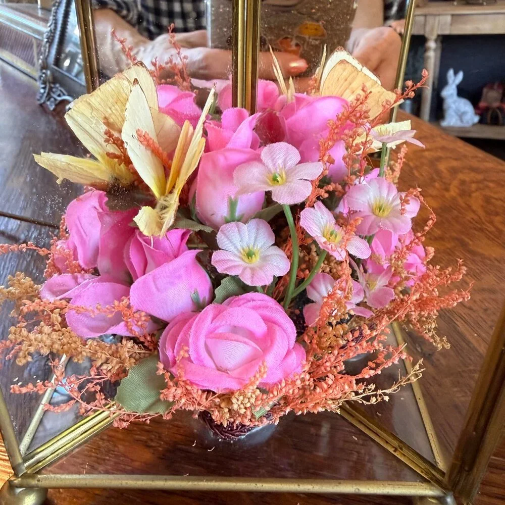 Vintage Glass/Mirrors & Brass Triangular Box with Flowers